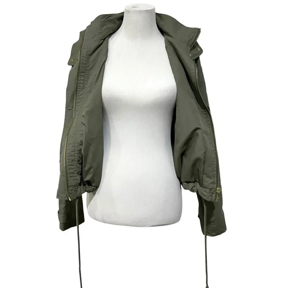 Womens Cropped Utility Jacket Sz M Cargo Coat Hood Pockets Green Adjustable H&M - Picture 5 of 9